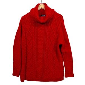 Lands End Red Cable Knit Turtleneck Sweater Christmas Holiday Medium